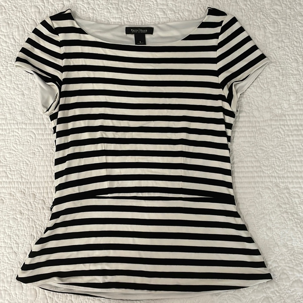White House Black Market Soft Peplum Black and White Striped Shortsleeved Shirt